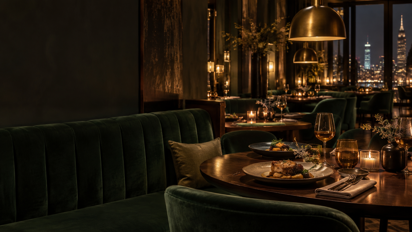 Wieczorne wnętrze restauracji Stolik Złoty